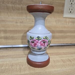Vintage Folk Art Tole Painted Turned Wood Candle Holder Pillar Roses FlowersTh